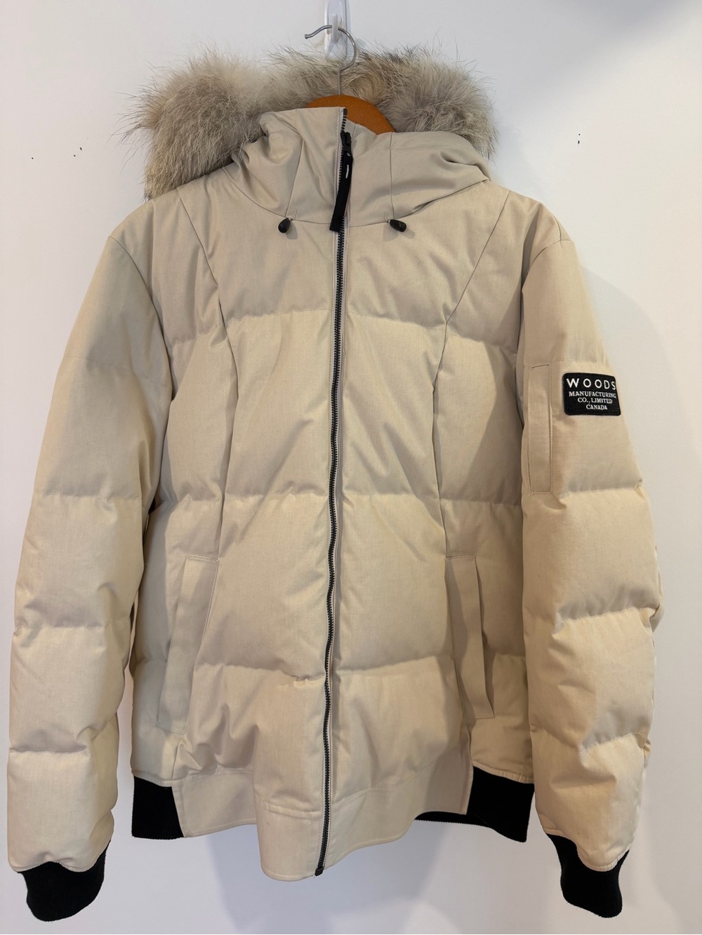 Women's Cream Puffer Jacket with Fur-Trim Hood